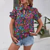 Damesblouses etnische stijl vrouwen top stijlvolle zomer tops stand kraag ruches blouse bloemen print shirt los fit voor haar