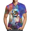 Astronaut Kitten Print Casual Versatile Men's Polo Shirt Button Up Pullover Top Trendy Sports Comfortable Top