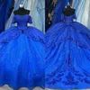 Royal Blue Princess Quinceanera Abites Abito da ballo da ballo a livello di spalla papille di glitter Vestitido de Quinceanera Abito da maschera senza schienale