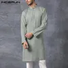 INCERUN Men Muslim Shirt Stand Collar Long Sleeve Islamic Arab Kaftan Solid Color Streetwear Casual Long Shirts Men Clothing 5XL 240329