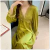 Women's Sleepwear Sex Appeal Nightdress Female Spring And Autumn Ice Silk Lace Long Sleeve Above The Knee Loungewear Can Be Worn Outside