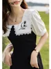 Party Dresses Mishow for Women 2024 Summer Retro Office Lady Sailor Collar Embroidery Puff Sleeve Calf-Length Black Vestido MXB25L0937