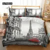 Beddengoed stelt Paris Tower London City landschap Big Ben Red Telephone Booth Bus Afdrukken Set Quilt Dekbedoverkapkussenbus US AU EU -maat