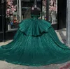 Mörkgröna prinsessaklänningar bollklänning från axel glitter paljetter diamant vestido de quinceanera bodice söt maskerad klänning