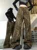 Jeans femininos American Fashion Trend Leopard Print Straight Women Y2K Street Hip Hop Retro Cantura alta calça de perna larga de perna