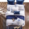 Yatak setleri acele mavi nakış beyaz yorgan kapağı seti premium Mısır pamuklu ipeksi yumuşak derin cep sayfası süper/usking