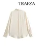 Kvinnors blusar Trafza Lapel långärmad smycken Single-Breasted Casual Shirt Chic Top Retro Splicing Silk Satin Texture