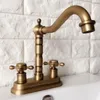 Bathroom Sink Faucets Antique Brass 4" Centerset Faucet Swivel Basin Mixer Tap Dual Cross Handles Man066