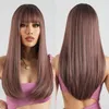 Różowy lekki fioletowy cosplay syntetyczny długie proste brązowe włosy z pełną grzywką dla kobiet codziennie impreza odporna na ciepło 240327