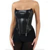 Tank da donna senza spalline Sexy PU Leather Party Club Y2K Top corsetti per le donne Summer Zip Up Black Tops