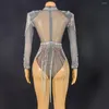 Runway Dresses Women Sexy Mesh Transparent Bodysuit Sparkling Rhinestone Club Evening Party Birthday Celebrity Stage Performance Costume