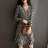 Casual Dresses Autumn Winter Elegant Fashion V-neck Long Sleeve Dress Ladies Vintage Plaid Printing Waist R Robe Femme Temperament Vestidos