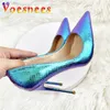 Klänningskor Evening Party Elegant Single 12cm Fashion Pointed Holographic High Heels Bling Snakesskin Unika bröllopspumpar Kvinnor