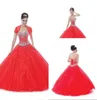 Ball Gown Sweetheart Floor Length Red Tulle Crystal 15 Years Girls Quinceanera Dress With Short Sleeve Crystal Prom Dresses4500410