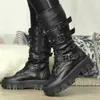 Botas para caminar botas Hebilla Hedle Chunky Heel Platform Rock Kpop Combate oscuro Mujer