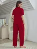 Summer Womens 3 Piece Sleepwear Short Sleeve Button Down Shirt and Pants Pyjama Set With Sexy Bh Solid Red hacked Top Trouser 240402