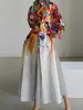 女性用のサイズのドレスラペルネックアラインプリーツプリーツ花柄の襟付き1ボタンシャツカジュアルエレガント34スリーブ240326
