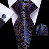 Bow Ties Hi-Tie Luxury Navy Blue Gold Floral NecTie With Hanky Cufflinks Business Tie For Men Fashion Designer Party Wedding