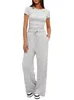 Damen 2 -teilige Outfits Lounge Sets Ruched Short Sleeve Tops und hoch getailte Weitbeinhosen -Trailsuiten 2404051