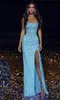 Lake blue crystal Mermaid Evening Dresses Strapless Side Split Prom dress sequins beaded Sleeveless Custom Made Illusion Formal Party gowns