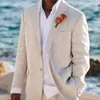 Erkekler Takım Bej Keten Düğün Erkekler Plajı 2 PCS Damat Smokin Smokedo Yaz Amerikan Stil Takım Ceket Pantolonlu 2024
