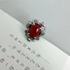 Clusterringen Chinese stijl 925 Sterling Silver Red Agate voor vrouwen Vintage Ethnic Finsh Lotus Opening Verstelbare ring Handgemaakte sieraden