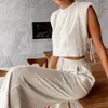 Kvinnors tvåbitar byxor 2024 Summer Linen Set Pyjams for Women 2 Fashion Sexy Sleepwear Lace -up Crop Tops Elastic Midja Loose Long Suits