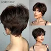 Dark Brown Mixed Copper Highlight Straight s With Bangs Short Pixie Cut Synthetic for Women Daily Lolita Heat Resistant 240327