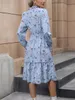 Vestido casual de estampado floral de manga completa para mujeres Aline Kneel Longitud alta cintura de cintura Otoño Invierno 240329