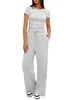 Women's 2 Piece Outfits Lounge Sets Ruched Short Sleeve Tops and High Waisted Wide Leg Pants Tracksuit Sets 2404051