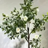 Dekorativa blommor Simulering Camellia Tree Green Plant inomhus stora golv Vita blomma falska träd krukut