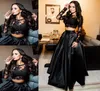 Charming Two Piece Black Prom Dresses Sheer Neck Long Sleeves Appliques Satin Custom Made Evening Gowns Formal Dresses5161465
