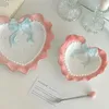 プレート韓国語insファッションセラミック食器kawaii bowknot heart lace dessert plateかわいいピンクライスボウル装飾フルーツケーキ