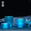 Mugs Top Grade Blue Glaze Glass Transparent Gai Wan Tea Set Bone China Sets Dehua Gaiwan Porcelain Pot