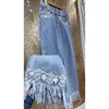 Dames jeans dames solide kleur luxe high-end zware industrie kralen pailletten bloemen rechte tassel denim broek vrouwelijke kleding