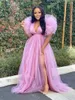 Casual Dresses Echoine Pink Sheer Mesh Sexig Deep V Neck Tiered Tulle Summer Long Maxi Dress for Women Puff Sleeve Ruffles Tutu Female