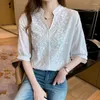 Blouses voor dames elegante v-hals lantaarn korte mouw witte shirt vintage tops zomer gehaakte holle blouse mode katoen vrouwelijke kleding