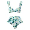 Dames badkleding ruches bikini set bohemia -stijl mouw bandeau bh met hoge taille zwembloem bloemenprint tweedelige dames voor vrouwen