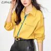 Blouses pour femmes Cjfhje Spring coréen Couleur de mode Couleur de mode Front Jaute Shirt Retro Style Dames Loose Loose Casual Long Manneved Polo Neck Top