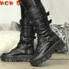 Botas para caminar botas Hebilla Hedle Chunky Heel Platform Rock Kpop Combate oscuro Mujer