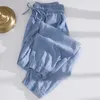 Calça feminina imitação jeans de jeans de verão fino de tamanho grande de 145 kg de cintura alta spodnie harém de seda casual harém pantalones folggy monte de monte feminino calça