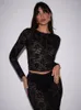 Werk jurken Mozision Lace Zie door sexy rok tweedelig sets vrouwen o nek lange mouw crop tops en modeset