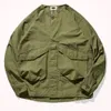 襟なしのメンズファッションユース日本のレトロフロックシャツジャケット古い洗浄されたポケットフロックジャケット240327