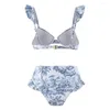 Dames badkleding ruches bikini set bohemia -stijl mouw bandeau bh met hoge taille zwembloem bloemenprint tweedelige dames voor vrouwen