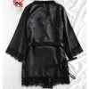 Czarne seksowne damskie piżamę satynę 4piece koronkowy jedwabny szkielet na szorty szata Zestaw koszuli nocnej.