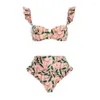 Dames badkleding ruches bikini set bohemia -stijl mouw bandeau bh met hoge taille zwembloem bloemenprint tweedelige dames voor vrouwen