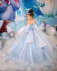 Princess Blue Flower Girl Dresses With Big Bow Sash A Line Crew Neck Sheer Long Sleeves Appliques Sequins Long Toddler Teens Pageant Party Gowns
