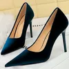 Dress Shoes Style Fashion Party Pumps 9.5cm High Heels Burgundy Pointed Toe Shallow Thin Ladies Royal Blue Green Velvet