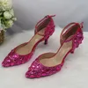 Sandali Crystal Fucshia Rosa Scarpe da sposa per matrimoni Summer Women's Party e Borsa Set puntato Punta Rhinestone Borsa 7 cm