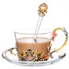 Koppar tefat europeiska te glas emalj lyxig vintage kaffekopp med sked kristall vinglasglasögon metall gravering dricker kreativ gåva